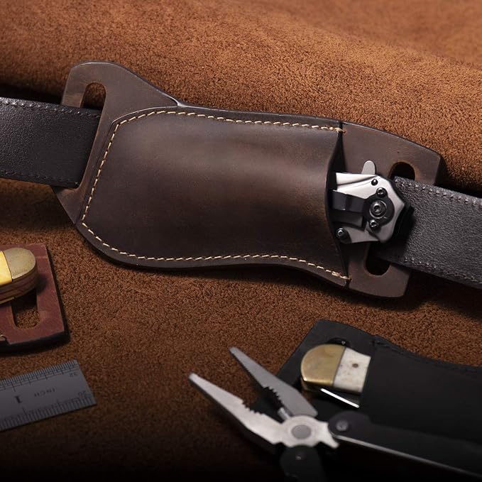 Gentlestache Leather Pocket Knife Sheaths for Belt, Folding Knife Sheath, EDC Belt Knife Sheath for Folding Knife, Compact Draw Knife Holster Darkbrown