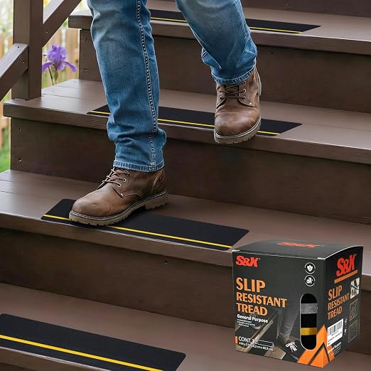 S&X Anti Slip Stair Treads, 12-Pack - 4" x 24" Pre-Cut Anti Slip Tape Outdoor Waterproof for All Slippery Surfaces - Weather Resistant Heavy Duty Non Slip Tape with Reflective Stripe