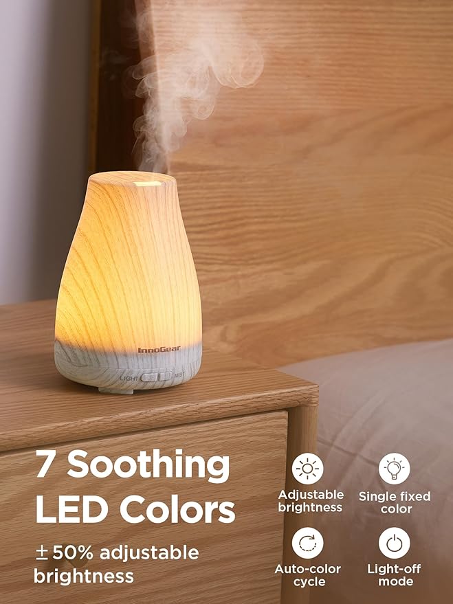 InnoGear Essential Oil Diffuser, Ultrasonic Diffusers for Home Aromatherapy Humidifier for Bedroom Room 7 Colors LED 2 Mist Mode Auto Off, White Grey