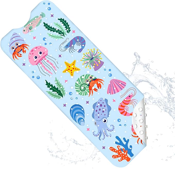 Bath Mats for Tub Kids Baby, Large Cartoon Sea Baby Bathtub Mat Non Slip, Machine Washable, 40"x16" Long Tub Mats with Suction Cups & Drain Holes, Non Slip Baby Shower Mat for Toddler(Sea Animal)