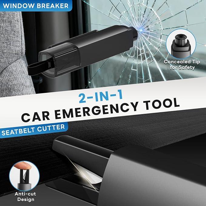 4PCS Window Breaker Seatbelt Cutter Car Safety Hammer, 2-in-1 Glass Breaker and Seat Belt Cutter with Test Glass, Underwater Emergency Escape Tool for All Vehicles (Grey)