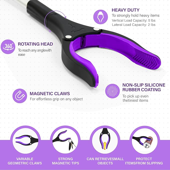 Grabber Reacher Tool - 32” Reacher Grabber Tool with Strong Magnetic and Swivel Head - Heavy Duty Pick Up Stick Grabbers for Seniors, Trash, Surgery Recovery Must Haves Gifts(Purple)