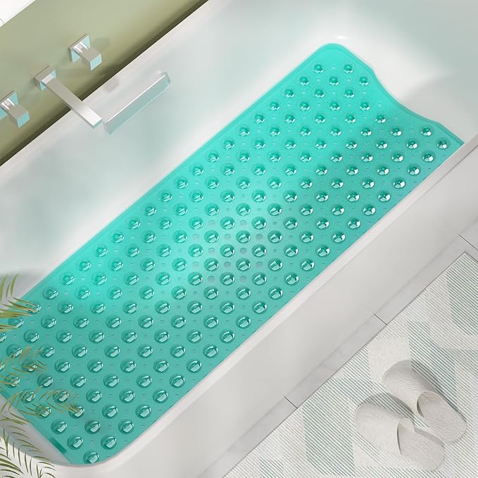 AmazerBath Shower Mat Non Slip 40 x 16 Inches, Shower Stall Mats with Suction Cups and Drain Holes, Non Slip Bath Mat for Tub for Elderly & Kids, Clear Green