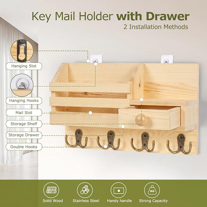 Key Holder Wall Mount, Wooden Adhesive Mail and Key Organizer with Drawer, Small Shelf, 8 Hooks, 2 Installation Methods, Natural