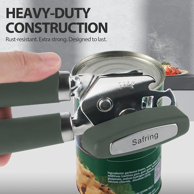 Safring Can Opener Manual, Heavy Duty Handheld Strong Can Opener with Soft Touch Handle, Sharp Blade Smooth Edge, Can Openers with Multifunctional Bottle Opener, Hunter Green