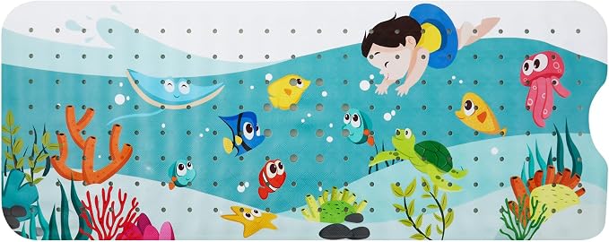 Baby Bath Mat for Tub Non Slip Kids Bathtub Mat Extra Long 40X16 Inch Toddler Bath Tub Shower Mat Anti Slip with Suction Cups & Drain Holes, Machine Washable,Seaworld