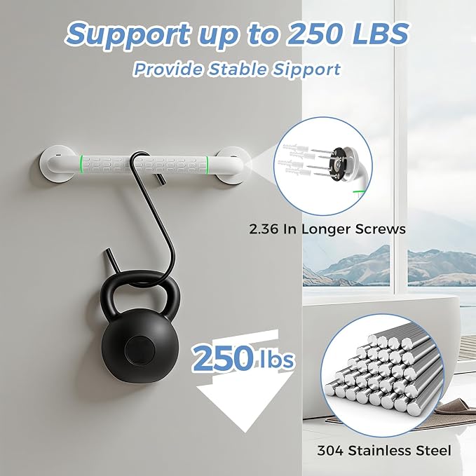 Grab Bars for Bathtubs and Showers, 16 Inch Anti Slip Bathroom Safety Shower Handles for Seniors Handicap Elderly Assistance, Hand Rails for Toilet Walls Bath Tub, 1" Stainless Steel Handrail（White）