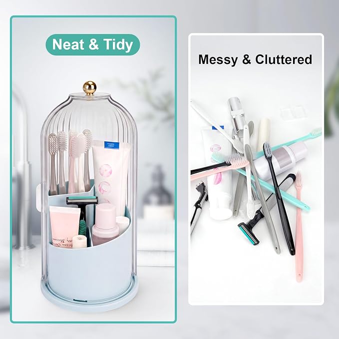 QIYVLOS Toothbrush Holders with Sliding Lid, Rotating 3 Slots Bathroom Organizer Countertop, Tooth Brush Toothpaste Holder Bathroom Counter Stand Sink Organizer Caddy for Makeup Brushes Holder (Blue)