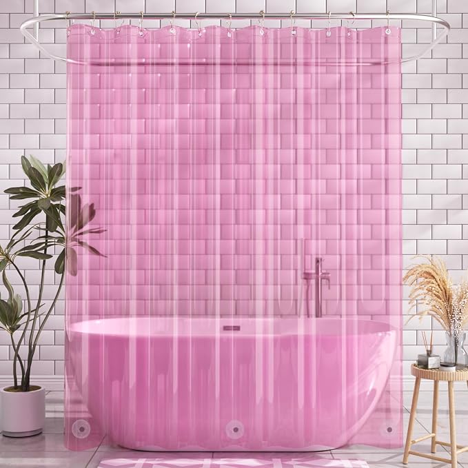 AmazerBath Shower Curtain Liner, 72x72 Transparent Hot Pink Shower Liner, Lightweight Plastic Shower Curtain Liners, Cute Waterproof Shower Liner for Bathroom with 3 Magnets & 12 Grommet Holes