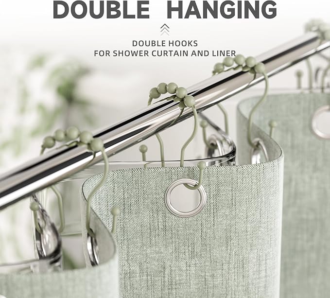 Bathway Sage Green Shower Curtain Hooks Shower Curtain Rings Rust Proof Sturdy Metal Double Shower Curtain Hooks, Shower Hooks for Shower Curtain Bathroom Shower Rod Hooks Hangers