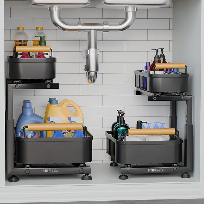 Premium Heavy Duty Carbon Steel Under Sink Organizer, Large 2 Tier Pull Out Cabinet Organizer, 7 Adjustable Heights with Smooth Ball Bearing Sliding Baskets for Bathroom & Kitchen