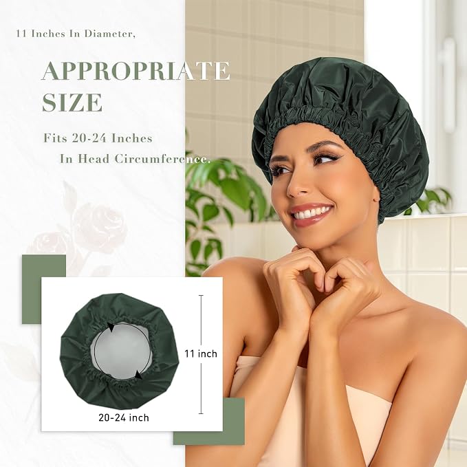 Reusable Shower Cap for Women, Large Waterproof Shower Bonnet with Elastic Band, Washable Bath Hair Cap for Long, Curly Hair, Braids, Daily Shower, Home Spa, Travel(Dark Green)