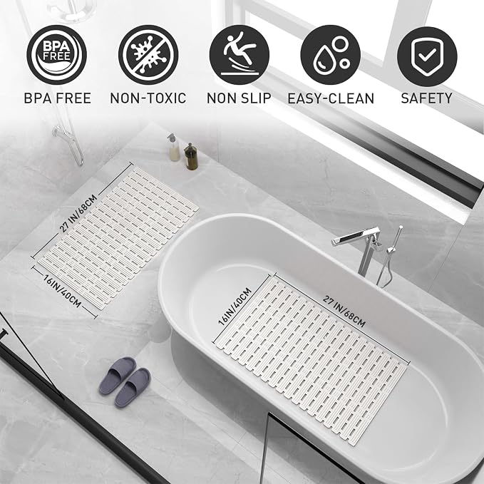 XIYUNTE Shower Mat Non Slip Bath Mat for Tub - 27 X 16 Inch TPE Bathtub Mat Non Slip Shower Mats for Inside Shower, Bath Tub Mat with Powerful Suction Cup, Easy to Cut and Dry, White