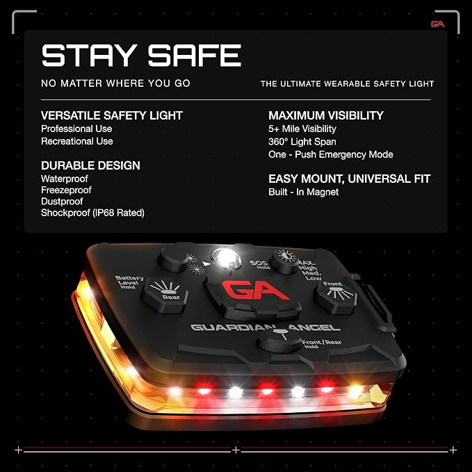 Guardian Angel Elite Series Safety Light (Orange/White/Red Front & Orange Rear) - Rechargeable, Magnetic, Hands-Free Wearable LED Light for Construction, Roadside, Utility, Towing, Hunting, PPE Safety