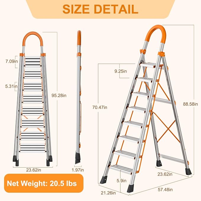 8 Step Ladder, Folding Ladder with Wide Anti-Slip Pedal, Sturdy Steel Step Stool, Convenient Handrail, Lightweight, Portable for Home, Kitchen, Garage