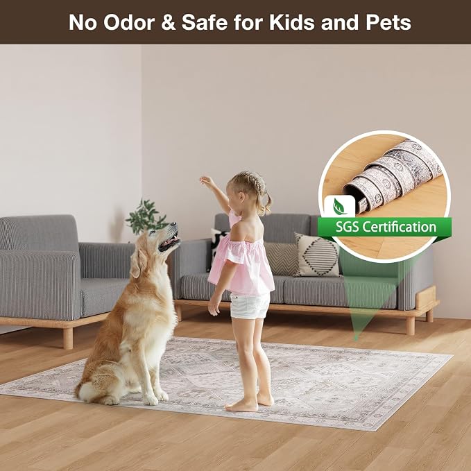 Floor Mat for Home 4×6ft, Easy Clean Plastic Rug-Like Pattern Area Mat for Living Room, Waterproof Vinyl Area Rug for Under Kitchen Table, No Slip Soft Vintage Rug for High Traffic Area (White)