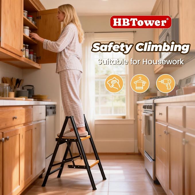 HBTower Step Ladder,Lightweight Aluminum Folding Step Stool with Anti-Slip Wide Pedal,330lbs Capacity Step Ladder for Household,Kitchen,Office - BlackWoodgrain