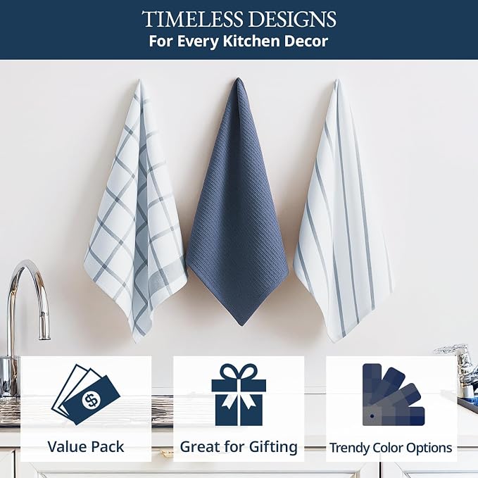 LANE LINEN Cotton Kitchen Towels Set, 6-Pack – Absorbent, Quick-Drying Dish Towels, 18" x 28", Soft, Premium Hand and Tea Towels - Indigo