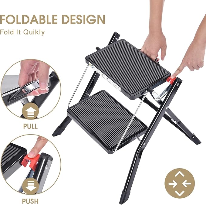 KINGRACK Folding Step Ladder, 2 Step Foldable Step Stool, Portable Stepladder with Handle, Non-Slip Rubber Mat, Release Button, Small Household Stepping Stool for Home Kitchen, for up to 330lbs, Black