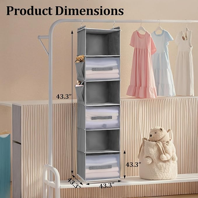 Hanging Closet Organizer and Storage,6-Shelf Closet Hanging Storage Shelves with 3 Drawers,Hanging Camping & Dorm Clothes Organizer, Grey