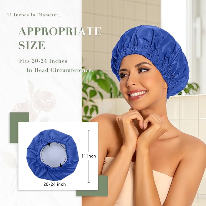 Reusable Shower Cap for Women, Large Waterproof Shower Bonnet with Elastic Band, Washable Bath Hair Cap for Long, Curly Hair, Braids, Daily Shower, Home Spa, Travel(Dark Blue)