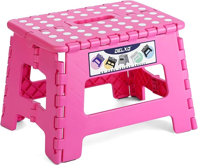Delxo Folding Step Stool 9 inch Non-Slip Foldable Toddler Stools Up to 300 LBS Kids Step Stool with Handle Lightweight for Kitchen, Bathroom, Bedroom, Garden, Rose Pink, 1PC