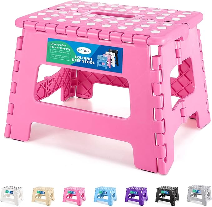 Dyforce Folding Step Stool 9 Inch, Kids Step Stool, Heavy Duty Step Stools for Adults, Compact Foot Stools, Light-Weight Toddler Step Stools for Kitchen, Bathroom, Holds Up to 300 lbs (Pink)