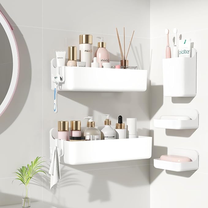 Nieifi Adhesive Wall Shelf, Shower Shelves 5 Pack with Soap Holder, Shower Organizer for Bathroom Organization, White