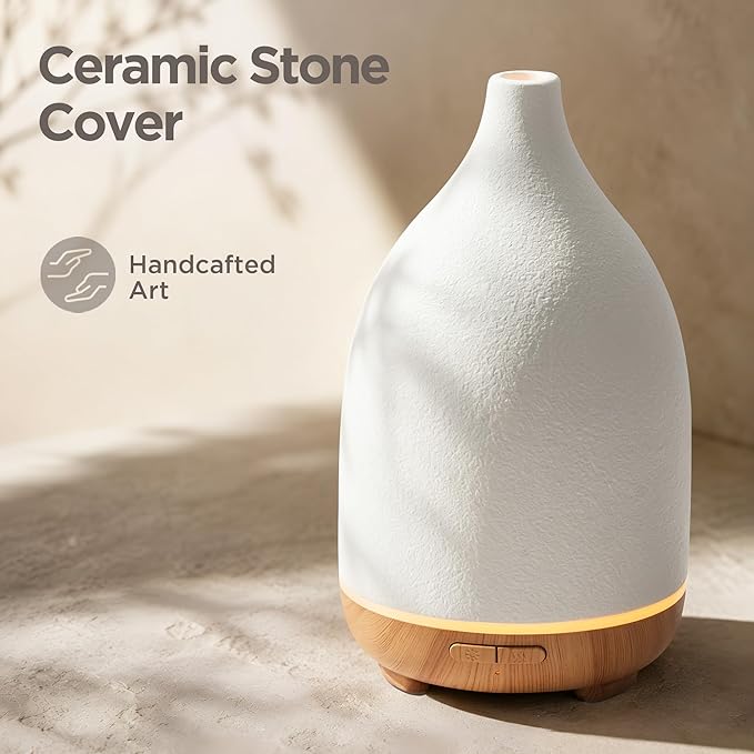 InnoGear Oil Diffuser, 150ML Ceramic Diffuser for Essential Oils Handcrafted Aromatherapy Diffuser Mother's Gift Ultrasonic Cool Mist Humidifier with 2 Mist Modes Waterless Auto Off for Home, White
