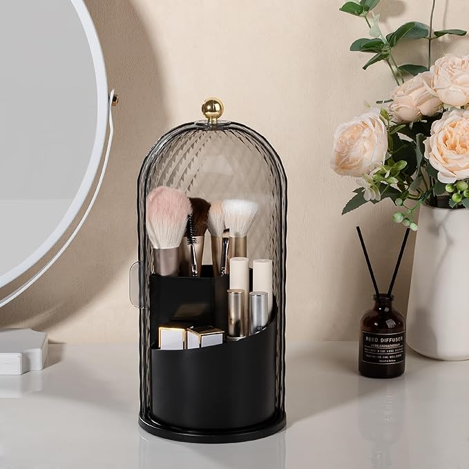 Toothbrush Holder with Cover for Bathroom Countertop, Rotating Organizer for Electric Tooth Brush and Toothpaste, 3-Slot Makeup Brush Storage, Self-Draining Vanity Counter Organizer, Black
