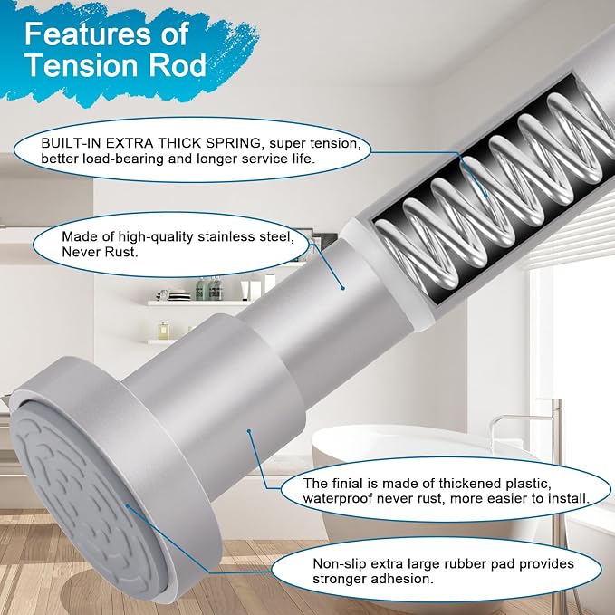 YNL Silver Shower Curtain Rod 32-80 Inch(2.7-6.6ft), Non Slip, Never Rust, No Drill Stainless Steel Spring Tension Shower Rod, Telescoping Curtain Rod for Bathroom Window Living Room