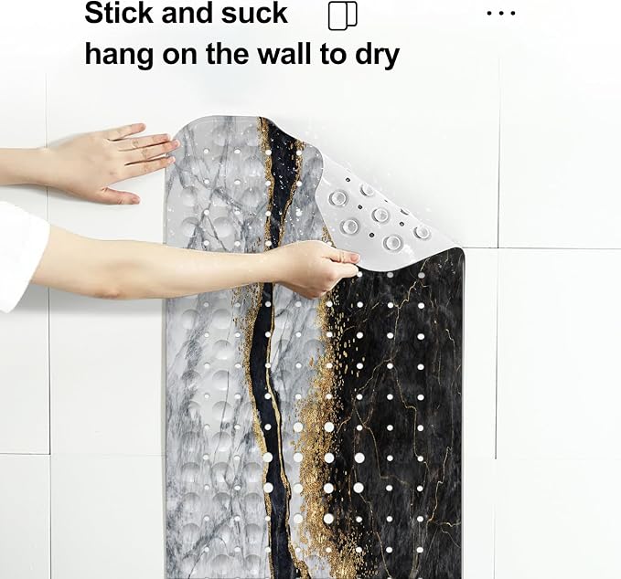 LNOND Marble Bath Tub Mat Non Slip, Extra Long 40 X 16 Inch Anti Slip Mat for Bathtub, Black Grey Marble Shower Mat with Drain Holes and Suction Cups, Machine Washable