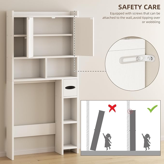 Shintenchi Over the Toilet Storage Cabinet, Bathroom Storage Cabient with Barn Doors, Bathroom Storage Shelf Organizer with Toilet Paper Holder, Adjustable Shelf and Anti-Tip Device, White