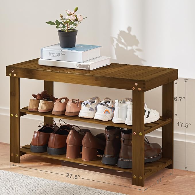 Pipishell Bamboo Shoe Rack Bench, 3 Tier Sturdy Shoe Bench, Storage Shoe Organizer, Holds up to 300lbs for Entryway Bedroom Living Room Balcony, Yellow Brown