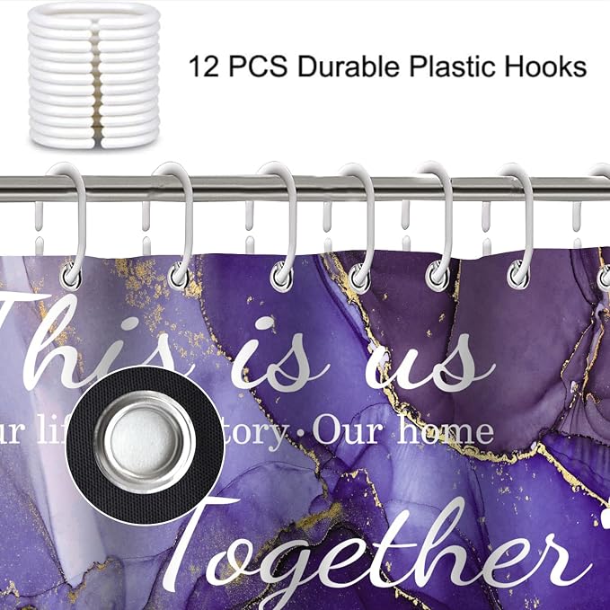 4Pcs Family Marble Shower Curtain Set,Purple Home Inspirational Bathroom Sets with Shower Curtain and Rugs, Bathroom Decor Set,Waterproof Bathroom Curtains Shower Set,with 12 Pcs Hooks