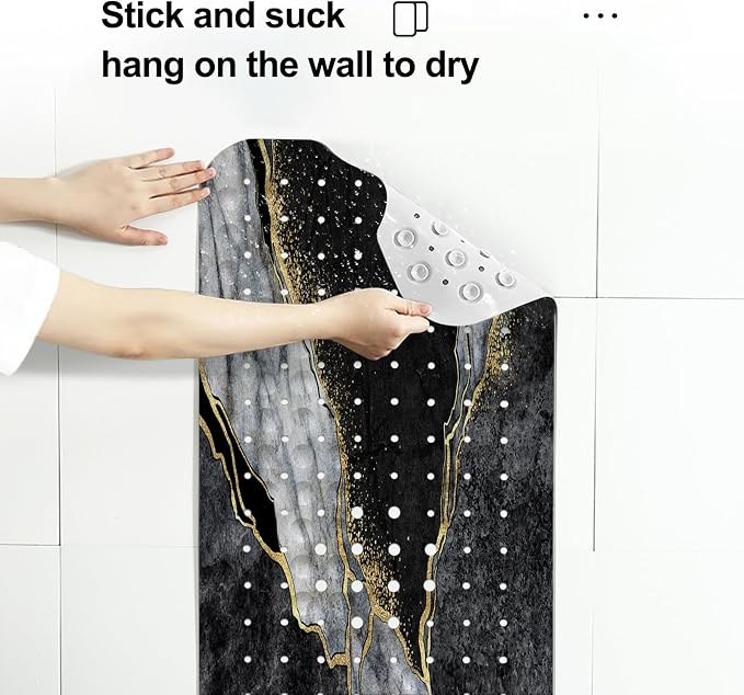 LNOND Marble Bath Tub Mat Non Slip, Extra Long 40 X 16 Inch Anti Slip Mat for Bathtub, Black Grey Luxury Marble Shower Mat with Drain Holes and Suction Cups, Machine Washable