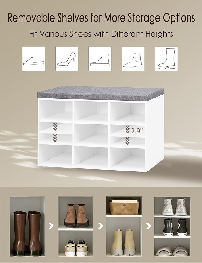 DINZI LVJ Shoe Storage Bench with Cushion, Cubby Shoe Rack with 9 Cubbies, Adjustable Shelves, Multifunctional Shoe Organizer Bench for Entryway, Mudroom, Hallway, Closet and Garage, White