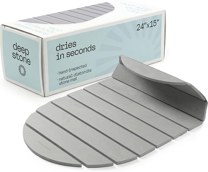 Deepstone Foldable Stone Bath Mat – Large Diatomaceous Earth Mat, Quick Dry with Non-Slip Base, Water Absorbing Bathroom and Shower Stone Mat, Easy to Clean (24” x 15”), Gray