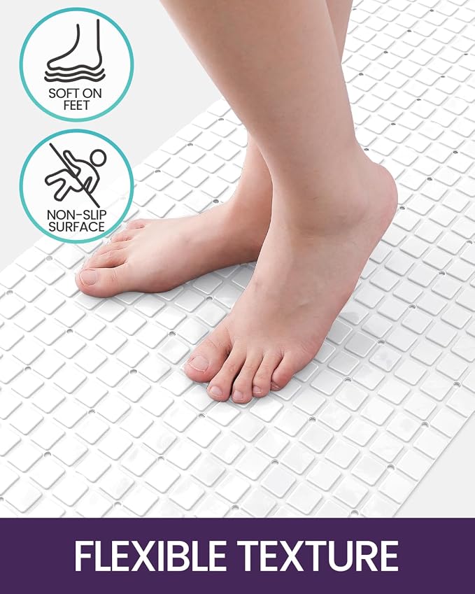 DEXI Bathtub Mat Non Slip, Extra Long 39x16, Suction Cups, Drain Holes, Machine Washable for Tub Shower Floor, White