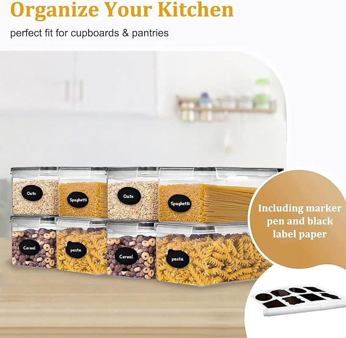 Airtight Food Storage Containers with Lids, 3.2L BPA-Free Plastic Canisters for Spaghetti, Cereal, Oats & Kitchen Pantry Organization, 8 Pack