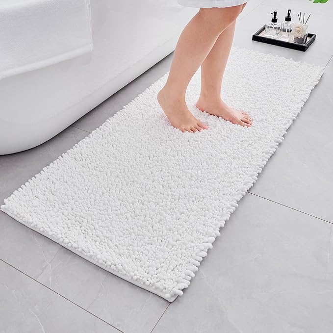 Bathroom Rugs Non Slip Washable 60x24, Extra Thick Soft Chenille Absorbent Bath Mat, High Density Barrier Non Slip Backing, Quick Dry Plush Shaggy Floor Carpet for Tub&Shower, White
