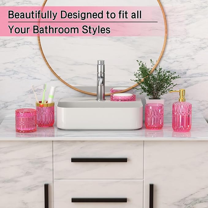 Hot-Pink Glass Bathroom Accessories Set 5 Pcs, Hot-Pink Bathroom Set, Soap Dispenser and Toothbrush Holder Set, Qtip Holder Set, Vintage Bathroom Sink Set, Cute Bathroom Decor