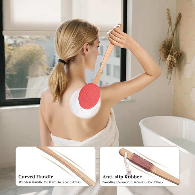 AmazerBath Lotion Applicator for Back, Feet, 4 Replacement Pads with 17" Curved Handle, Back Sunscreen Applicator for Kids, Elderly, Women, Apply Skin Cream Medicine Moisturizer Tanner, Rose Red