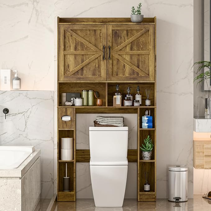 Over The Toilet Storage Cabinet, Farmhouse Toilet Cabinet Rack with Barn Doors, Space Saving Bathroom Organizer with Shelves, Toilet Paper Holder and Towel Rack for Bathroom,Restroom,Laundry, Brown