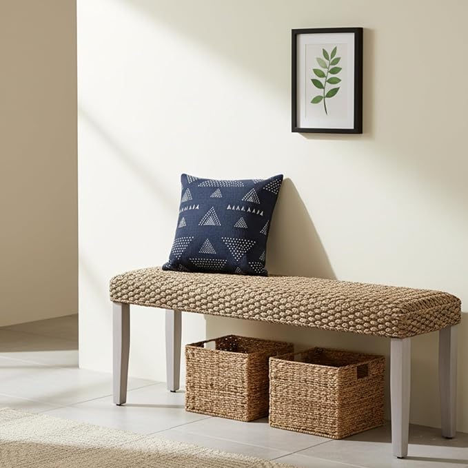 Solid Wood Acacia Indoor Bench with Natural Woven Water Hyacinth Seat, Wood Bench for Living Room or Entryway, Vintage Bench, Fishbone Style, Plait Style with Grey Leg