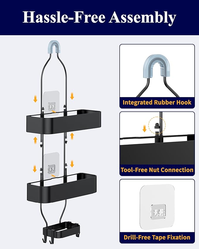 Kitsure Shower Caddy Hanging - No-Drill Bathroom Organizers and Storage, Wobble-Free Bathroom Shelves with Adhesive Tapes, Rust-Proof Shower Storage for Toiletries, Black, 28.5" H