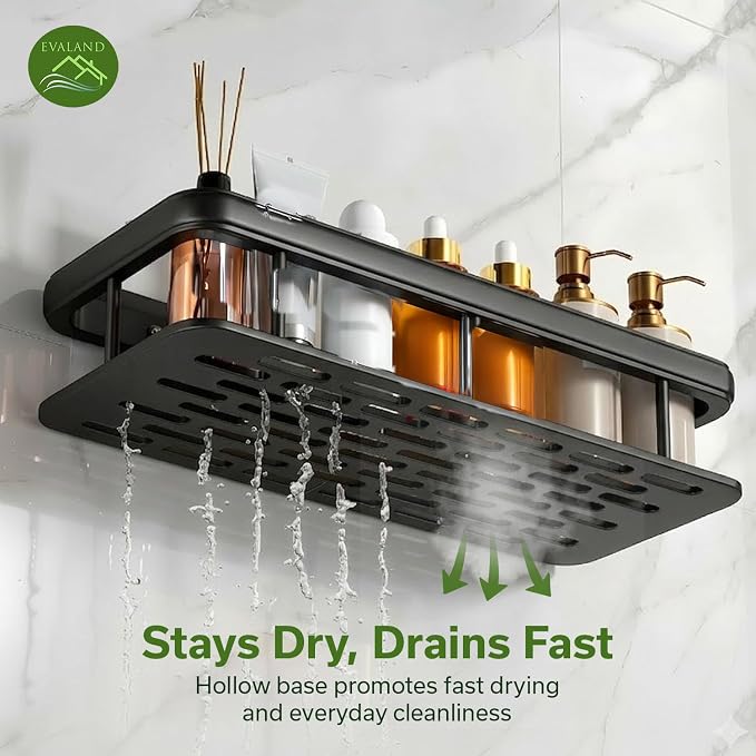 EVALAND Shower Caddy Adhesive 2-Pack with Hooks and Rod for Towels, Black – Premium Bathroom Shower Shelves, Shampoo Organizer, Bathtub Shelf, Rustproof, Easy Installation, Sturdy Modern Look