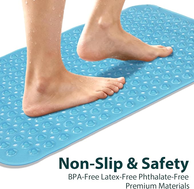 Bathtub Mat Shower Mat Non Slip 17x30 Inch Standard Size, Soft Bubble Bath Tub Mat Shower Mats for Inside Shower Bathroom Floor Mat with Big Suction Cups & Drain Holes, BPA-Free，Clear Blue