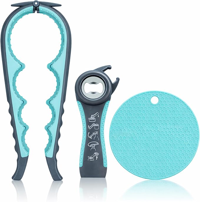 Jar Opener 3-Piece Set for Seniors with Arthritis, Multi-Function Can and Bottle Opener for Weak Hands, Ergonomic Non-Slip Kitchen Tool Set, Easy-to-Use, Thoughtful Gift for Elderly