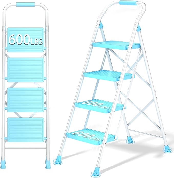 Step Ladder Foldable Folding Stool - for Home Adults Kitchen 4 Stepping Extension Tall Heavy Duty with Handrails - Closet Stepstool Stair Ladders Extendable Stepladder for Indoor House 600Lbs